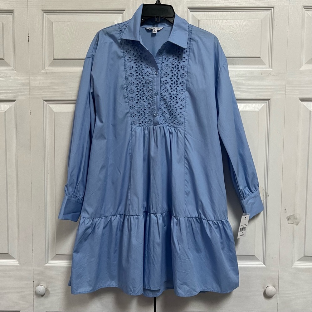 Ophelia Roe Blue Long-Sleeve Dress with Eyelet Detail Size M New